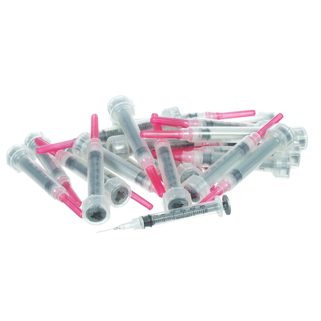 3cc MonoJect™ Syringes with 25 gauge Needles,"Pile of clear syringes with pink needle caps"