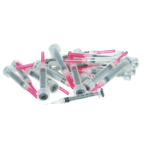 3cc MonoJect™ Syringes with 25 gauge Needles,"Pile of clear syringes with pink needle caps"