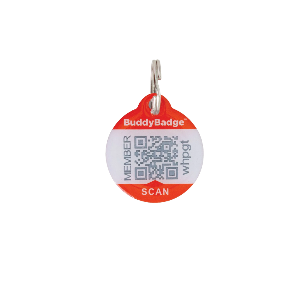 BuddyID® BuddyBadge® Collar Tag with Registration,"Round orange collar tag with QR code and metal ring"