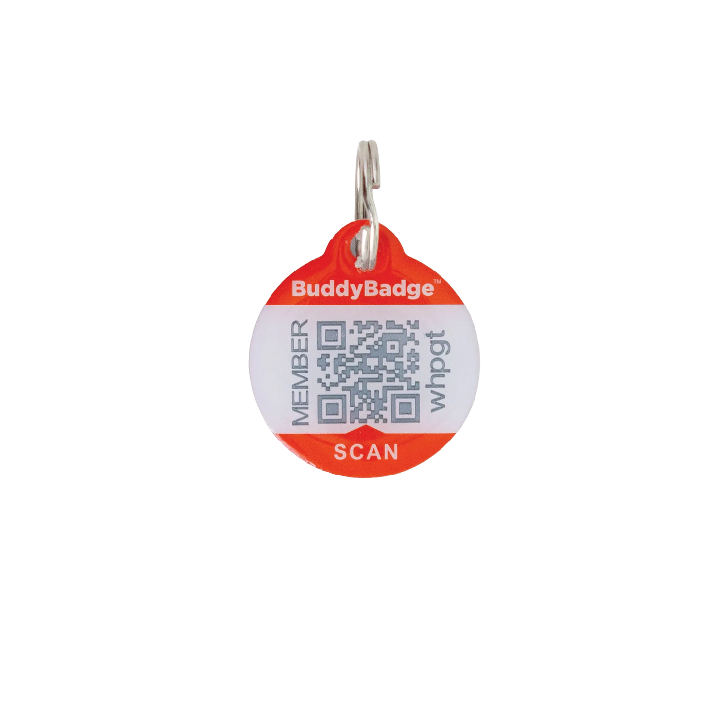 BuddyID® BuddyBadge® Collar Tag with Registration,"Round orange collar tag with QR code and metal ring"