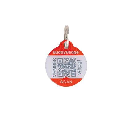 BuddyID® BuddyBadge® Collar Tag with Registration,"Round orange collar tag with QR code and metal ring"