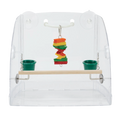 Bird Window Play Center,"Clear bird window perch with hanging toy and two green cups"