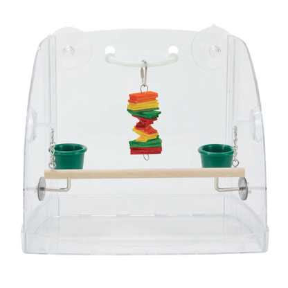 Bird Window Play Center,"Clear bird window perch with hanging toy and two green cups"