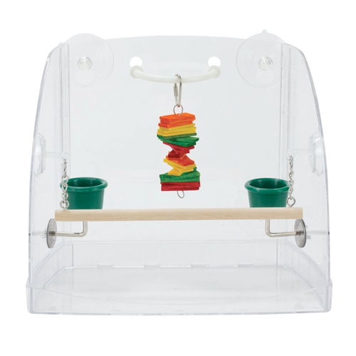 Bird Window Play Center,"Clear bird window perch with hanging toy and two green cups"