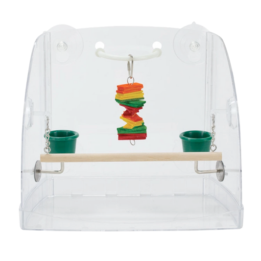 Bird Window Play Center,"Clear bird window perch with hanging toy and two green cups"