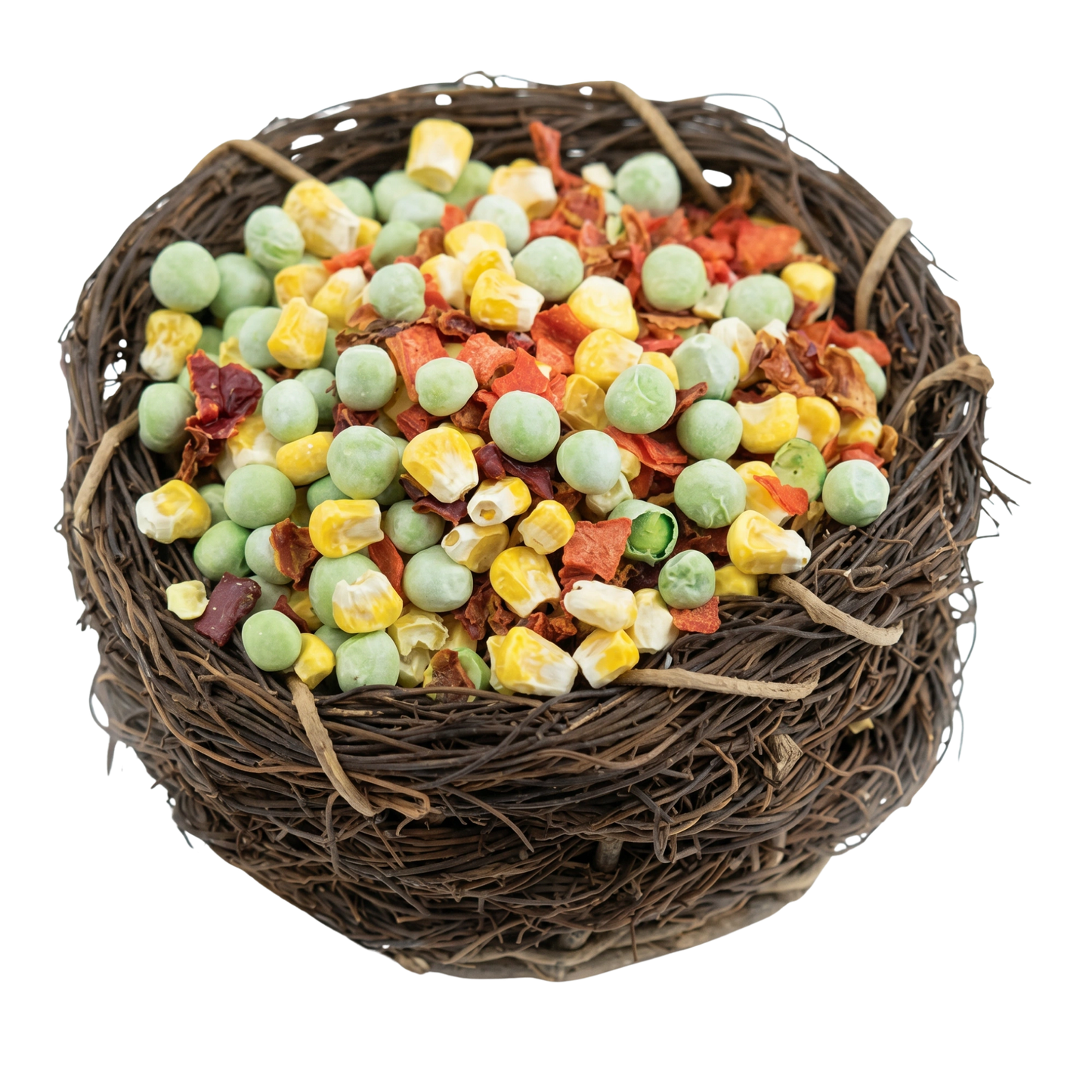 Karen's Naturals Just Veggies Dried Bird Treats,"Bird nest filled with dried peas, corn, and vegetable pieces"