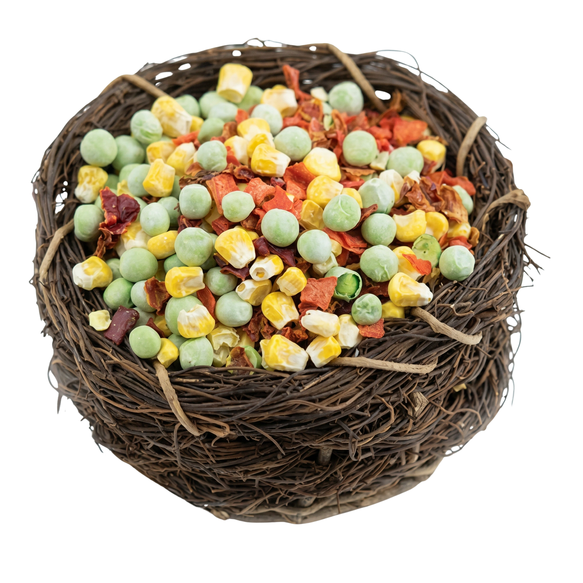 Karen's Naturals Just Veggies Dried Bird Treats,"Bird nest filled with dried peas, corn, and vegetable pieces"
