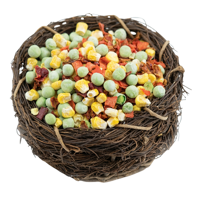 Karen's Naturals Just Veggies Dried Bird Treats,"Bird nest filled with dried peas, corn, and vegetable pieces"