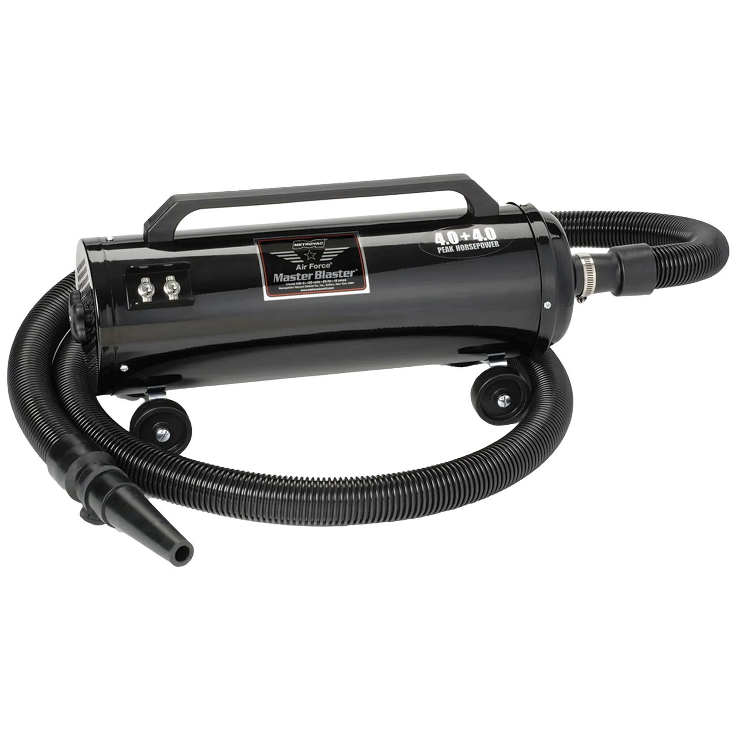 Metro Air Force® Master Blaster® Pet Dryer,"Black cylindrical dryer with hose, nozzle, handle, and wheels"