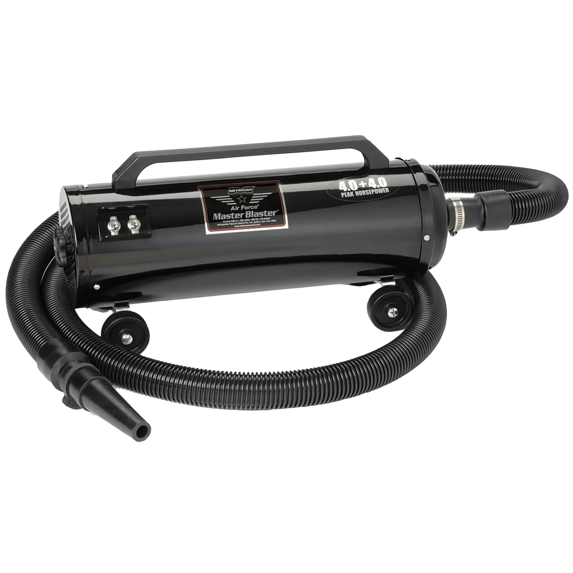 Metro Air Force® Master Blaster® Pet Dryer,"Black cylindrical dryer with hose, nozzle, handle, and wheels"