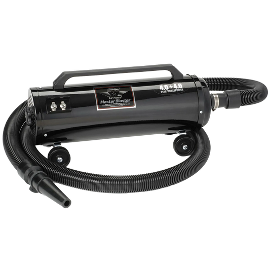 Metro Air Force® Master Blaster® Pet Dryer,"Black cylindrical dryer with hose, nozzle, handle, and wheels"