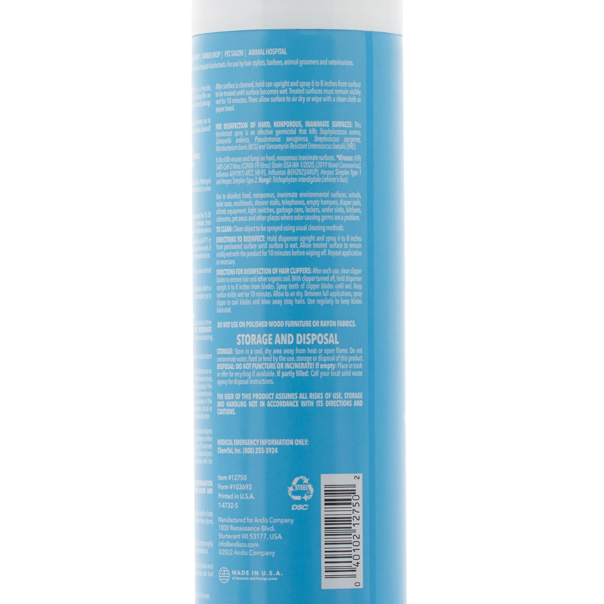 Andis® Cool Care Plus®,"Back view of blue aerosol can with barcode"