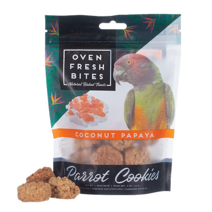 Caitec Oven Fresh Bites Parrot Cookies,"Bag of parrot cookies with parrot image and two cookies in front"