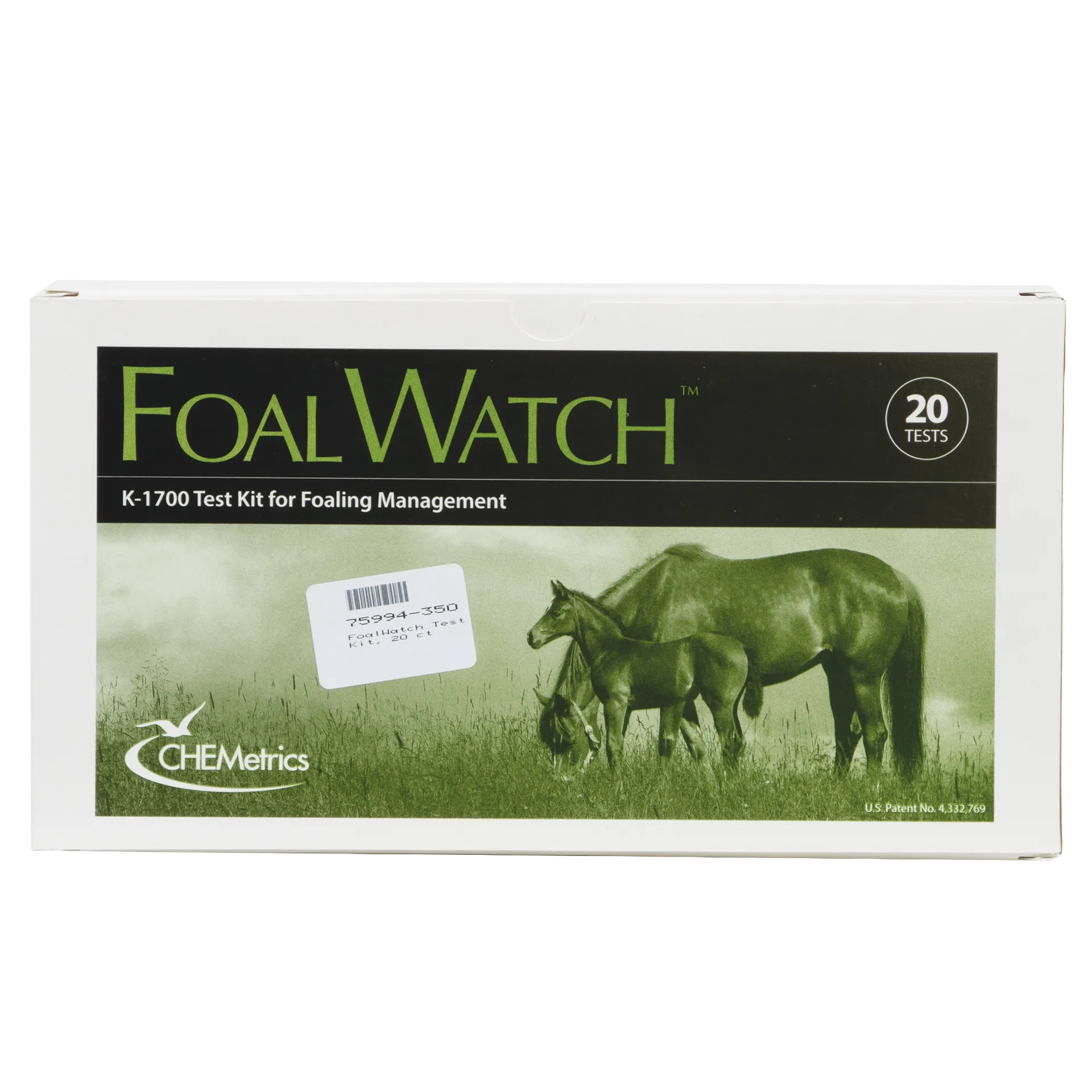 FoalWatch Test Kit,"White test kit box with mare and foal illustration"