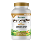 Brewers Dried Yeast Formula with Garlic Flavoring,"White supplement bottle with gold cap and front label"
