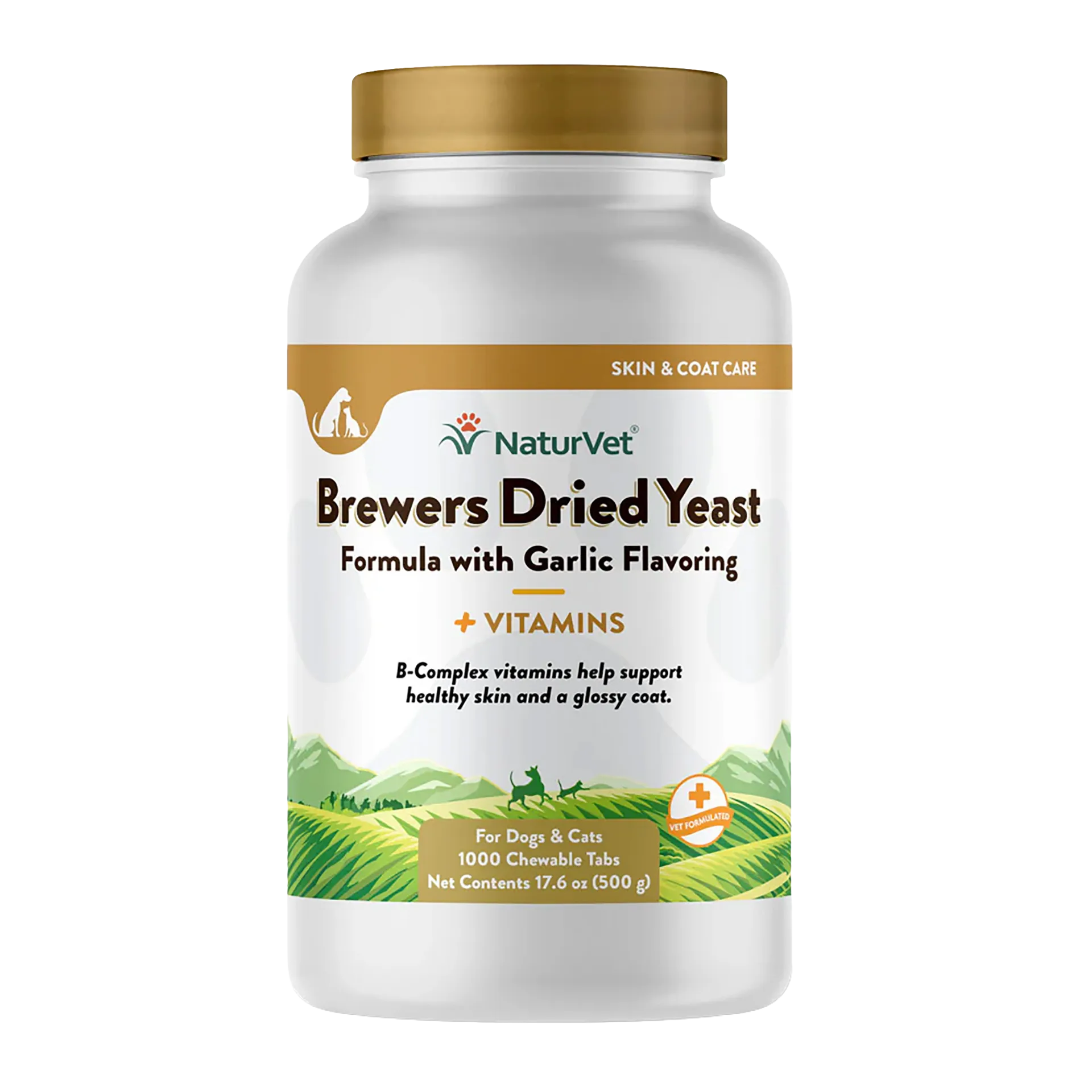 Brewers Dried Yeast Formula with Garlic Flavoring,"White supplement bottle with gold cap and front label"
