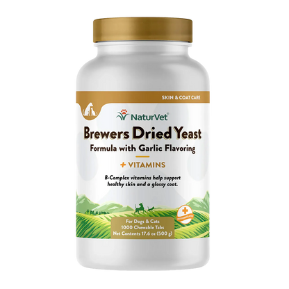 Brewers Dried Yeast Formula with Garlic Flavoring,"White supplement bottle with gold cap and front label"
