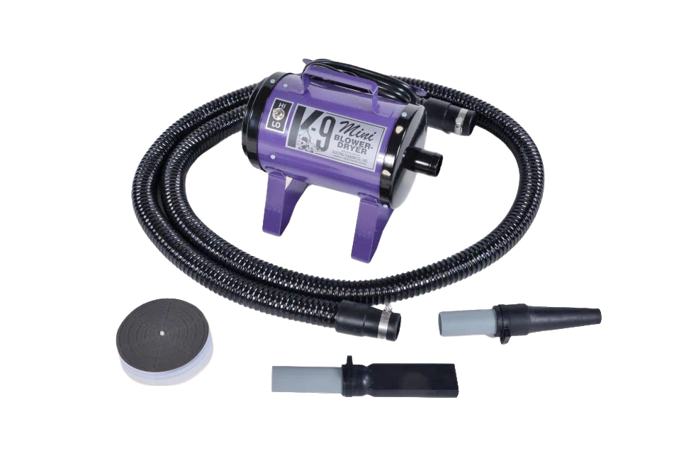 Mini K-9 Dog Dryer,"Purple blower dryer with hose and nozzle attachments"