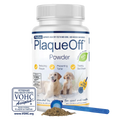 ProDen PlaqueOff® Powder,"White bottle with blue scoop and powder beside badge"