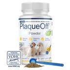 ProDen PlaqueOff® Powder,"White bottle with blue scoop and powder beside badge"