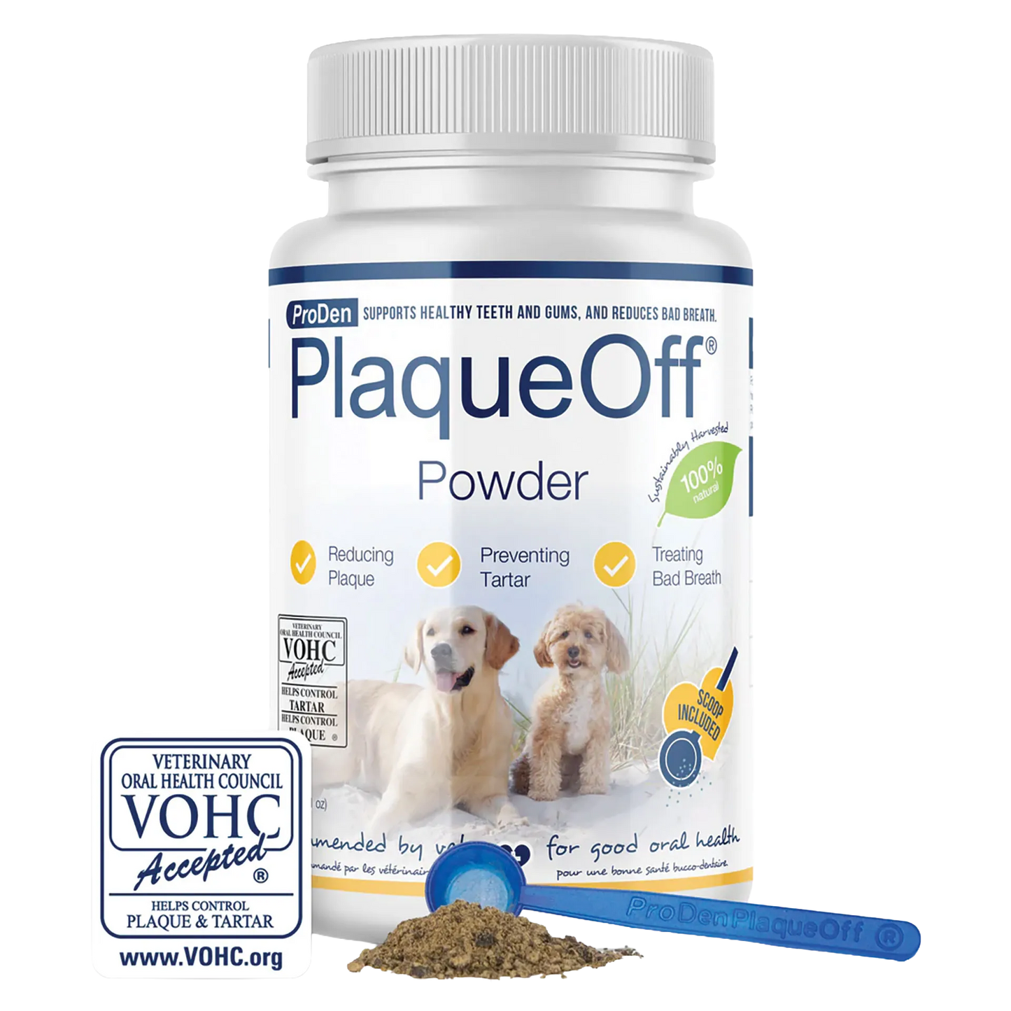 ProDen PlaqueOff® Powder,"White bottle with blue scoop and powder beside badge"
