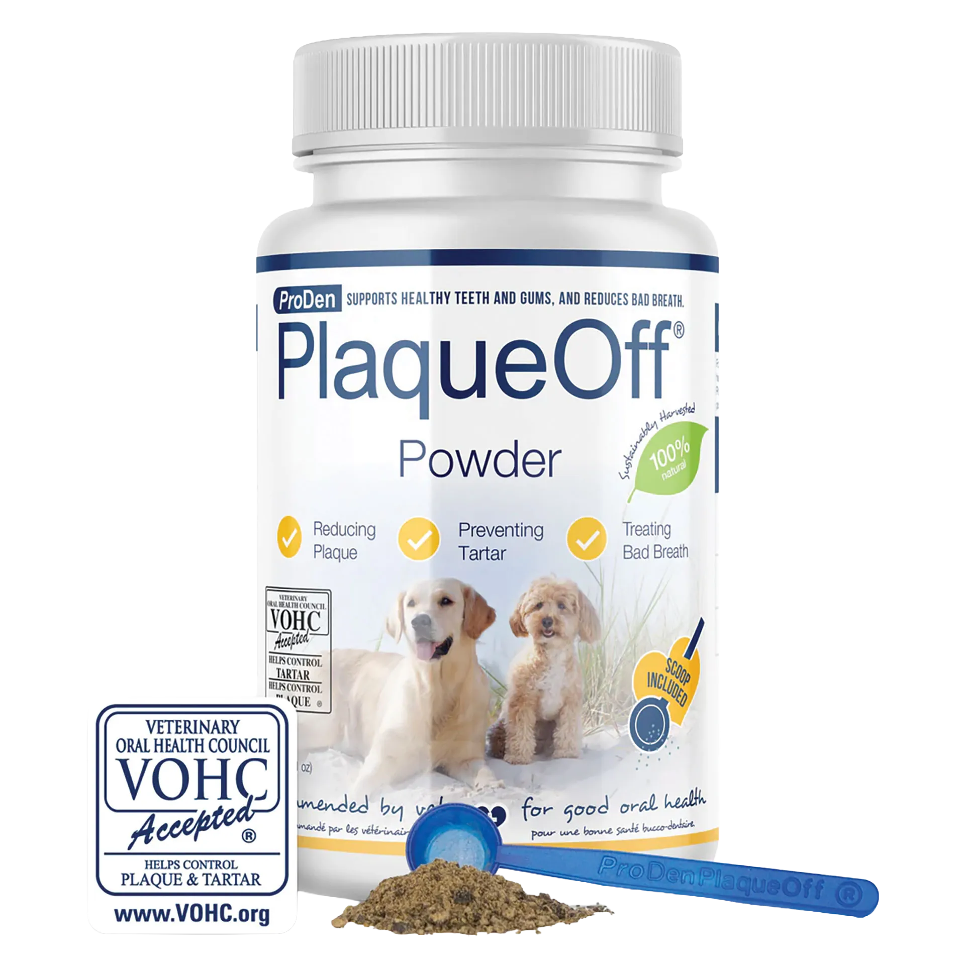 ProDen PlaqueOff® Powder,"White bottle with blue scoop and powder beside badge"