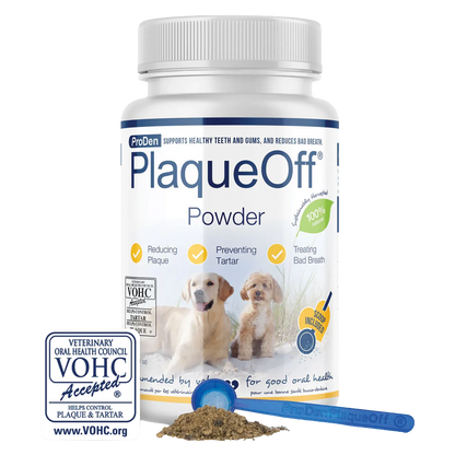 ProDen PlaqueOff® Powder,"White bottle with blue scoop and powder beside badge"