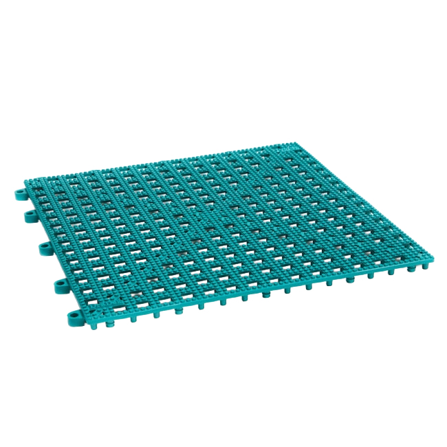 Dri-Dek® Flooring,"Teal interlocking perforated floor tile panel"