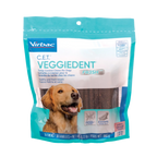 C.E.T.® VeggieDent® Fr3sh,"Teal dog dental chew pouch with dog image and front window"