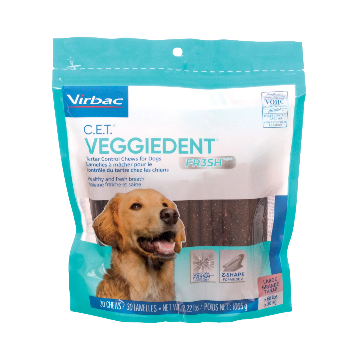 C.E.T.® VeggieDent® Fr3sh,"Teal dog dental chew pouch with dog image and front window"