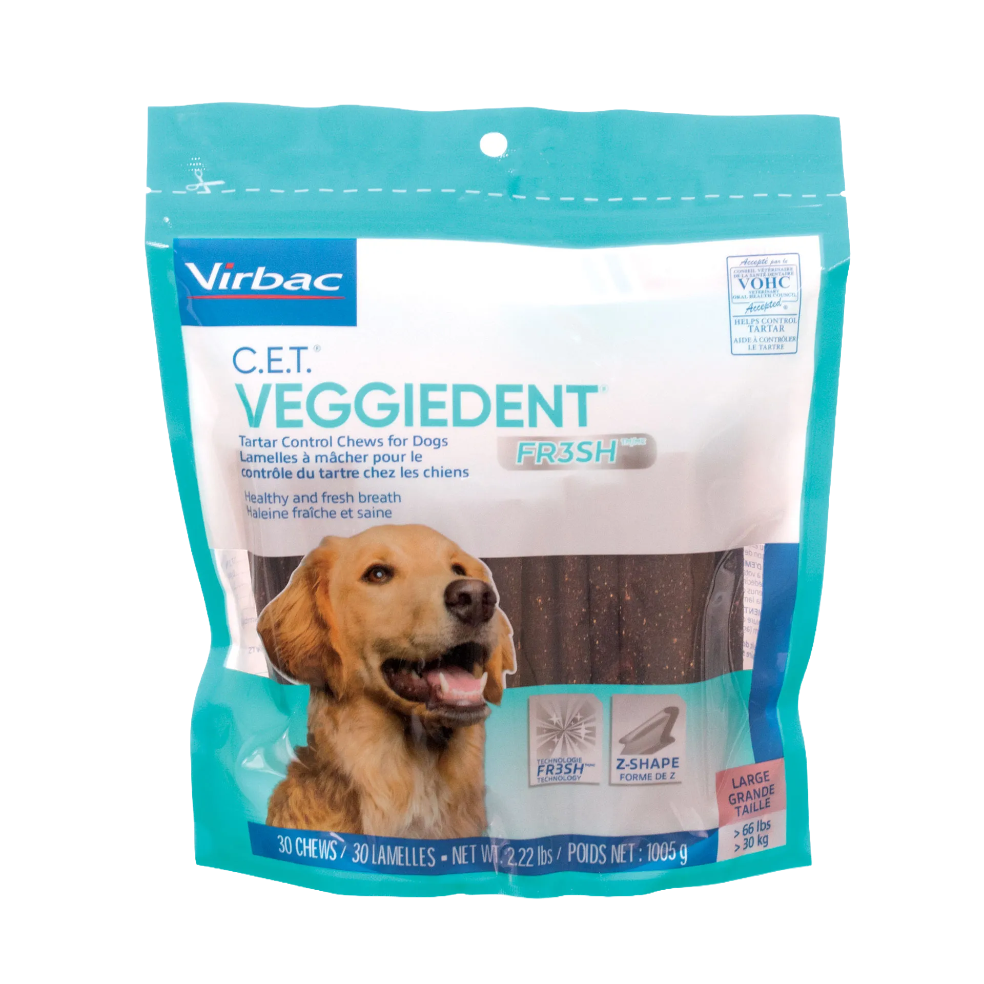 C.E.T.® VeggieDent® Fr3sh,"Teal dog dental chew pouch with dog image and front window"