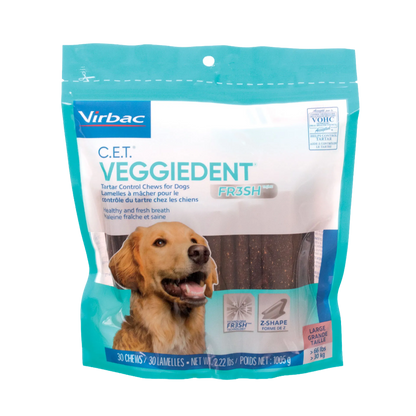 C.E.T.® VeggieDent® Fr3sh,"Teal dog dental chew pouch with dog image and front window"