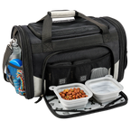 Mobile Dog Gear Pet Carrier Plus,"Black pet carrier with front flap, bottle, bowls, and side pocket"