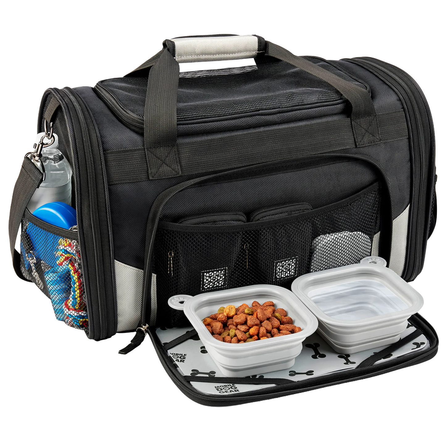 Mobile Dog Gear Pet Carrier Plus,"Black pet carrier with front flap, bottle, bowls, and side pocket"