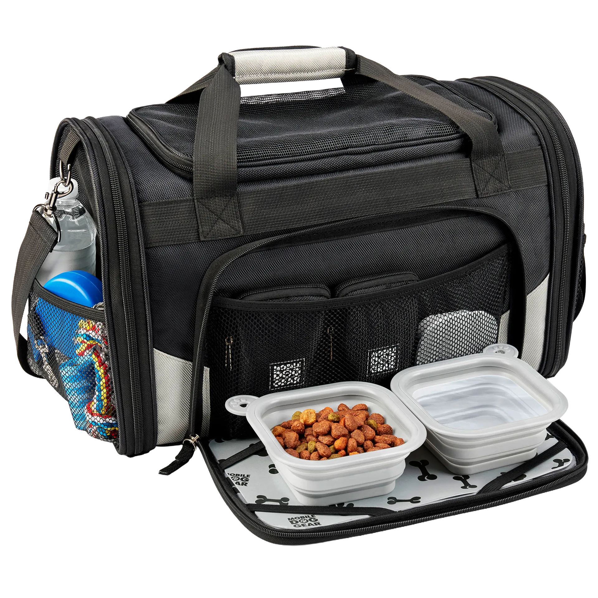 Mobile Dog Gear Pet Carrier Plus,"Black pet carrier with front flap, bottle, bowls, and side pocket"