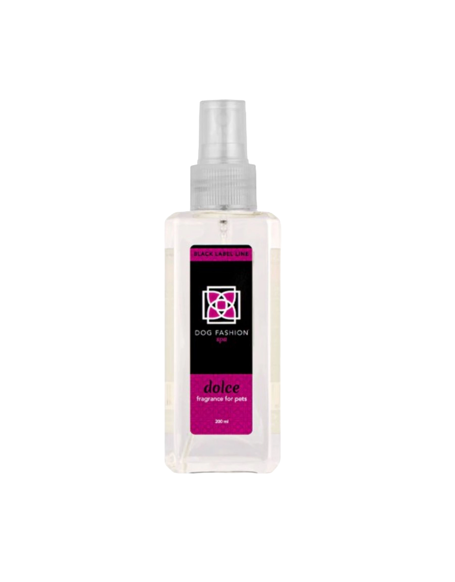 Dolce Fragrance,"Clear rectangular spray bottle with pink and black label"