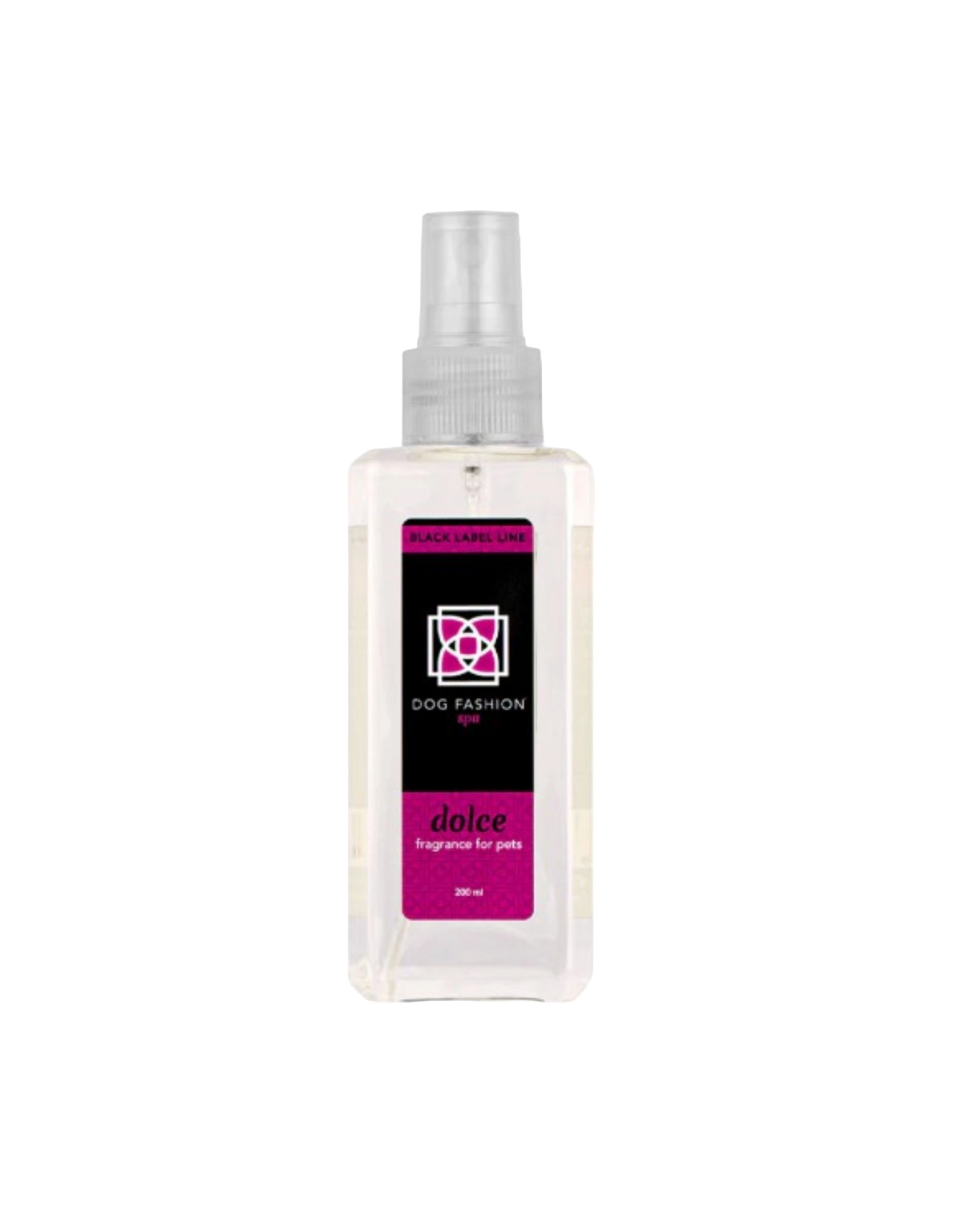 Dolce Fragrance,"Clear rectangular spray bottle with pink and black label"