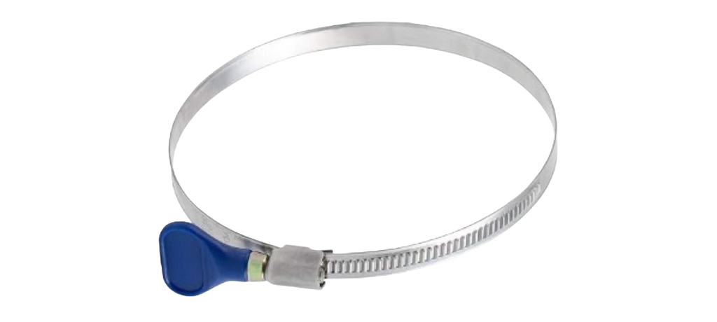 Stainless Steel Adjustable AV Clamp with Thumb Screw,"Metal band clamp with blue thumb screw"