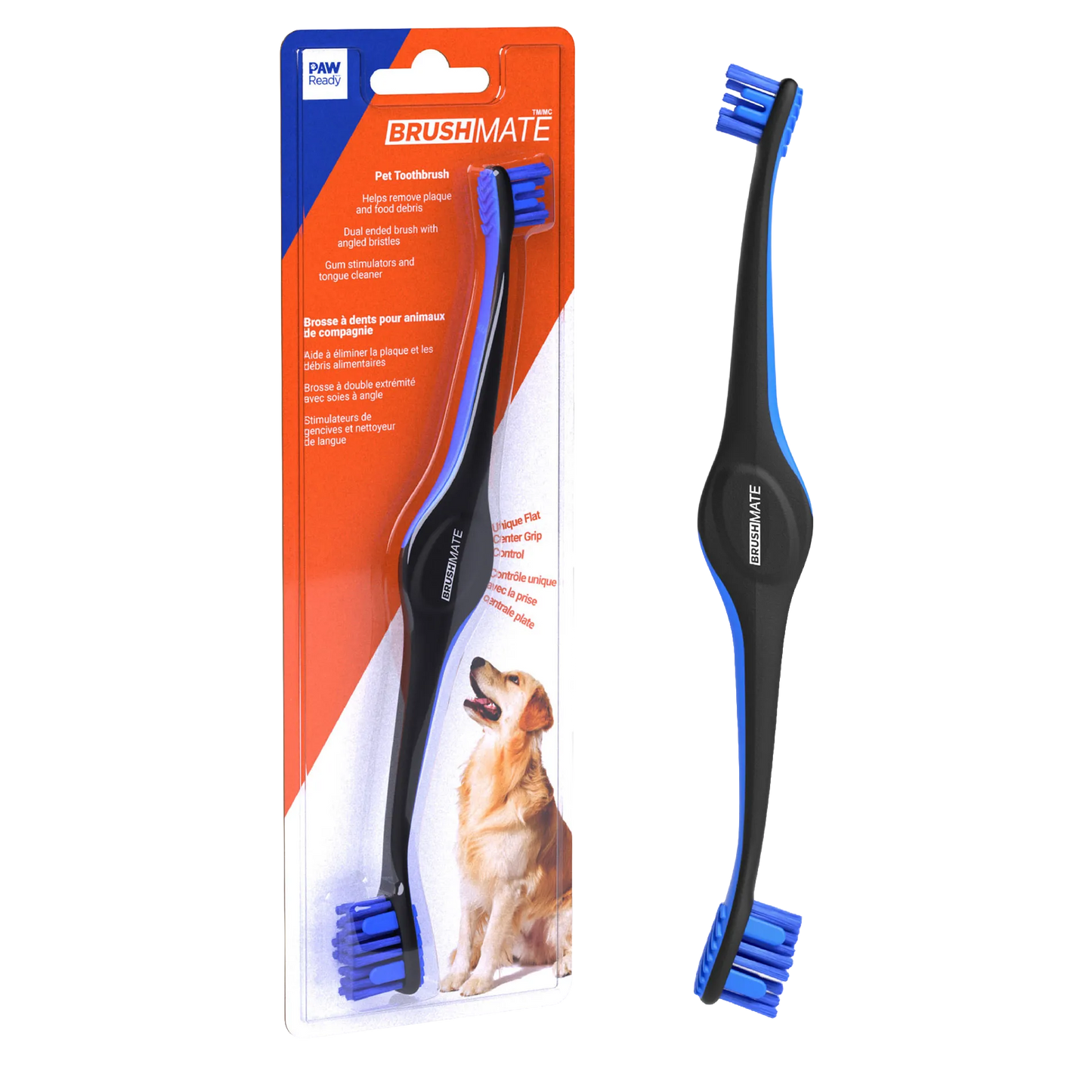 BrushMate Premium Toothbrush,"Packaged dual-ended pet toothbrush with loose brush beside it"