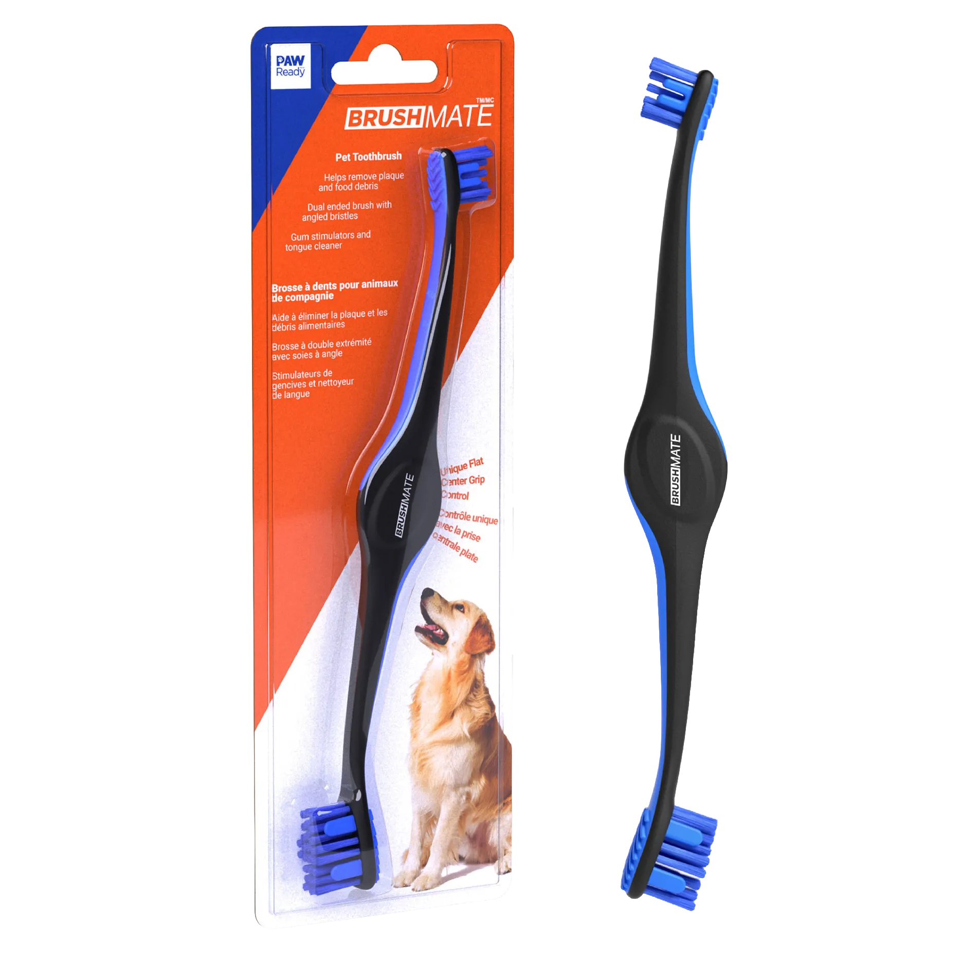 BrushMate Premium Toothbrush,"Packaged dual-ended pet toothbrush with loose brush beside it"