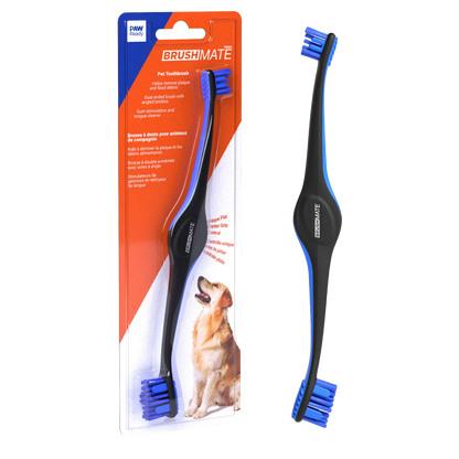 BrushMate Premium Toothbrush,"Packaged dual-ended pet toothbrush with loose brush beside it"