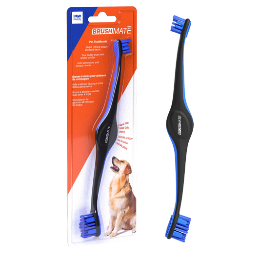 BrushMate Premium Toothbrush,"Packaged dual-ended pet toothbrush with loose brush beside it"