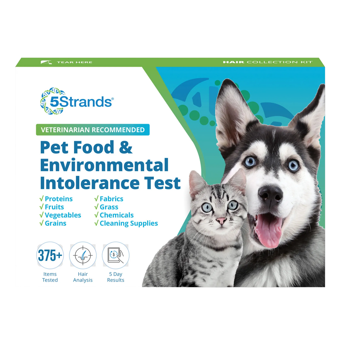 5Strands® Pet Intolerance Test,"Front of test kit box with dog and cat images"