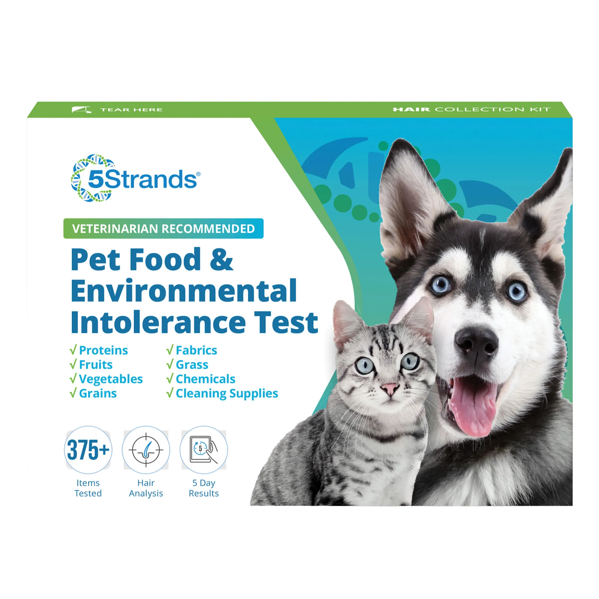 5Strands® Pet Intolerance Test,"Front of test kit box with dog and cat images"