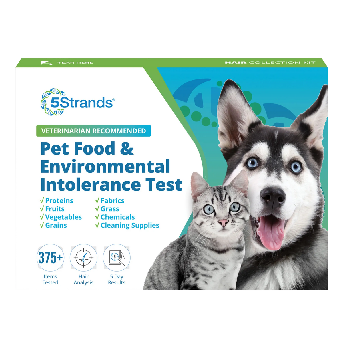 5Strands® Pet Intolerance Test,"Front of test kit box with dog and cat images"