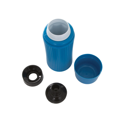 AV Blue Collection Bottle,"Blue bottle with cap and black insert components"