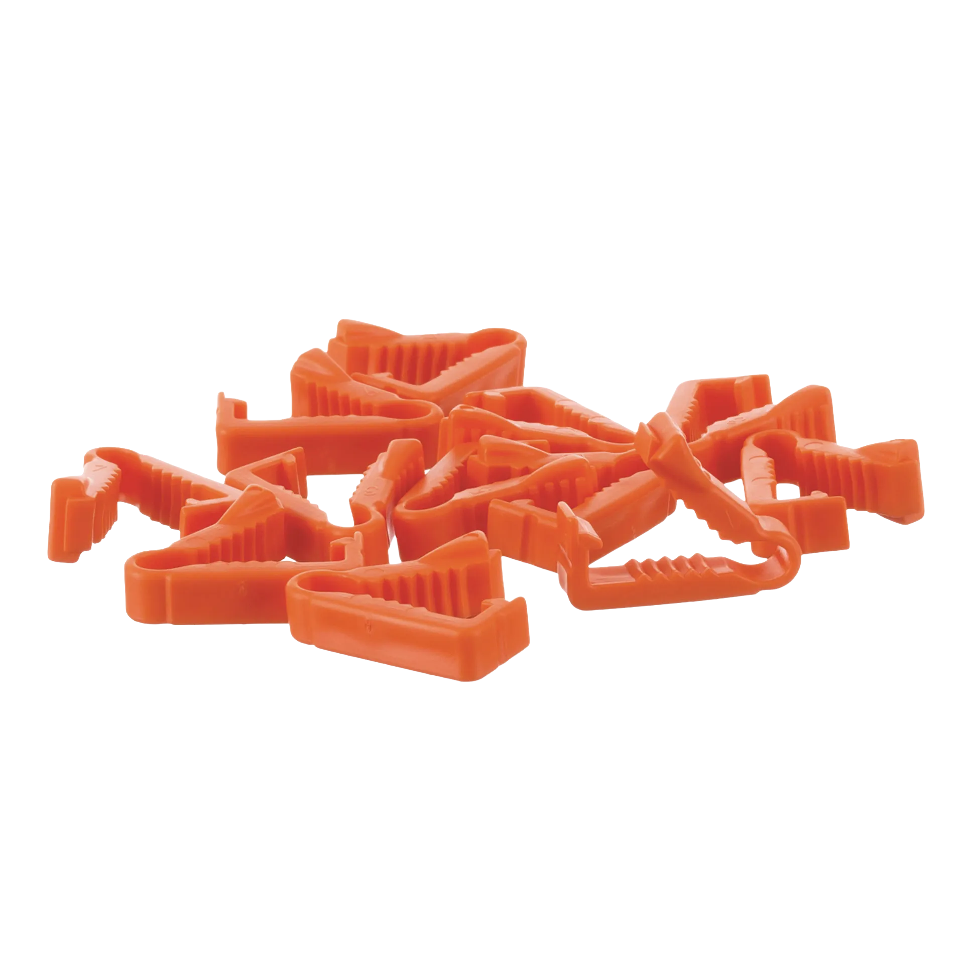 Breeder's Edge® Clean Cut™ Umbilical Clamps,"Scattered group of orange plastic umbilical clamps"