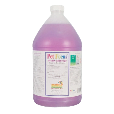 Pet Focus Aviary & Cage Cleaner,"Large bottle with purple liquid and white cap"