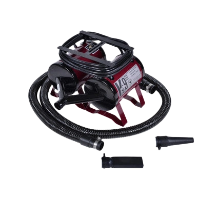 K-9 III Dog Dryer With FREE Water Peeler,"Red pet dryer with hose and two nozzle attachments"