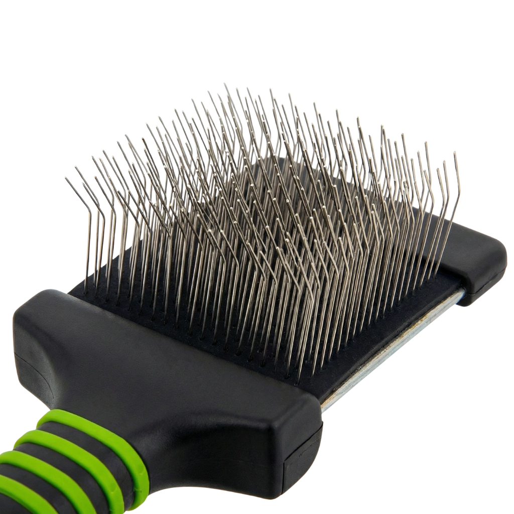 Mini Slicker Brush,"Close-up of brush head with bent metal pins"